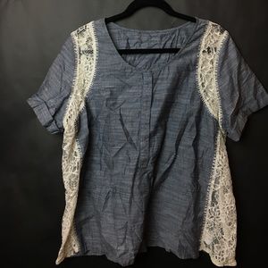 Unique 100% Cotton Chambray Lace Panel Top